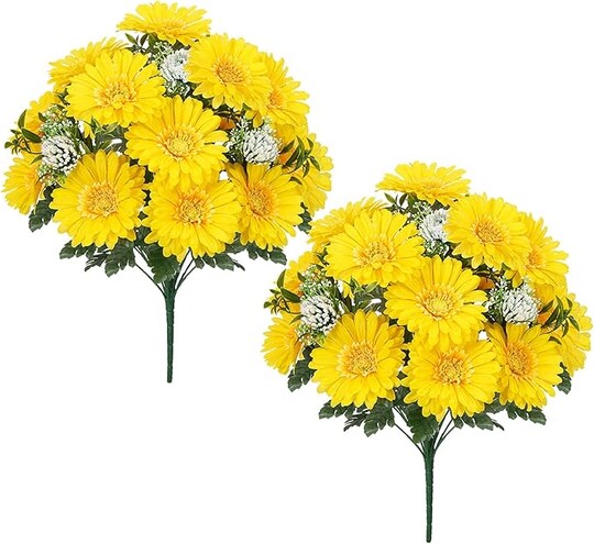 2 Bundles Yellow Daisy Artificial Cemetery Flowers for Grave Vase – 18 Heads Silk UV Resistant Outdoor Memorial Day Grave Flowers, Headstone Vase & Garden Decoration